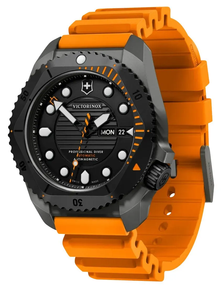 Victorinox Swiss Army Dive Pro Automatic Gray Titanium Black Dial Orange Rubber Strap Day/Date Divers Mens Watch 241996
