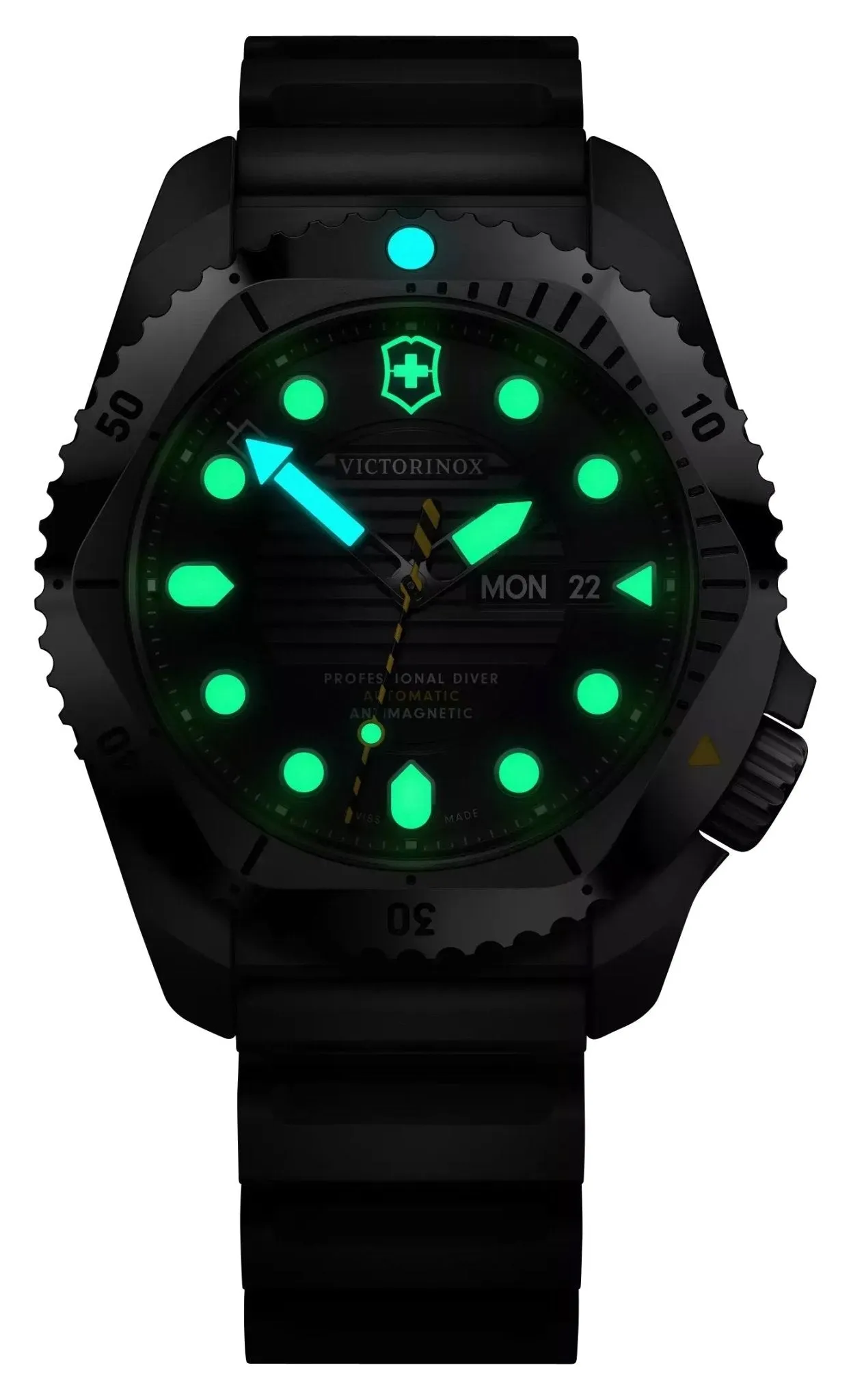 Victorinox Swiss Army Dive Pro Automatic Stainless Steel Black Dial Black Rubber Strap Day/Date Divers Mens Watch 241994