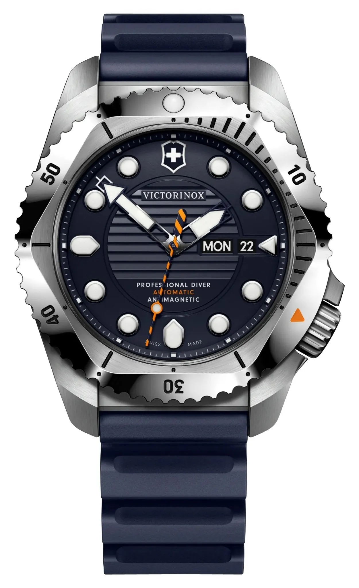 Victorinox Swiss Army Dive Pro Automatic Stainless Steel Blue Dial Blue Rubber Strap Day/Date Divers Mens Watch 241995