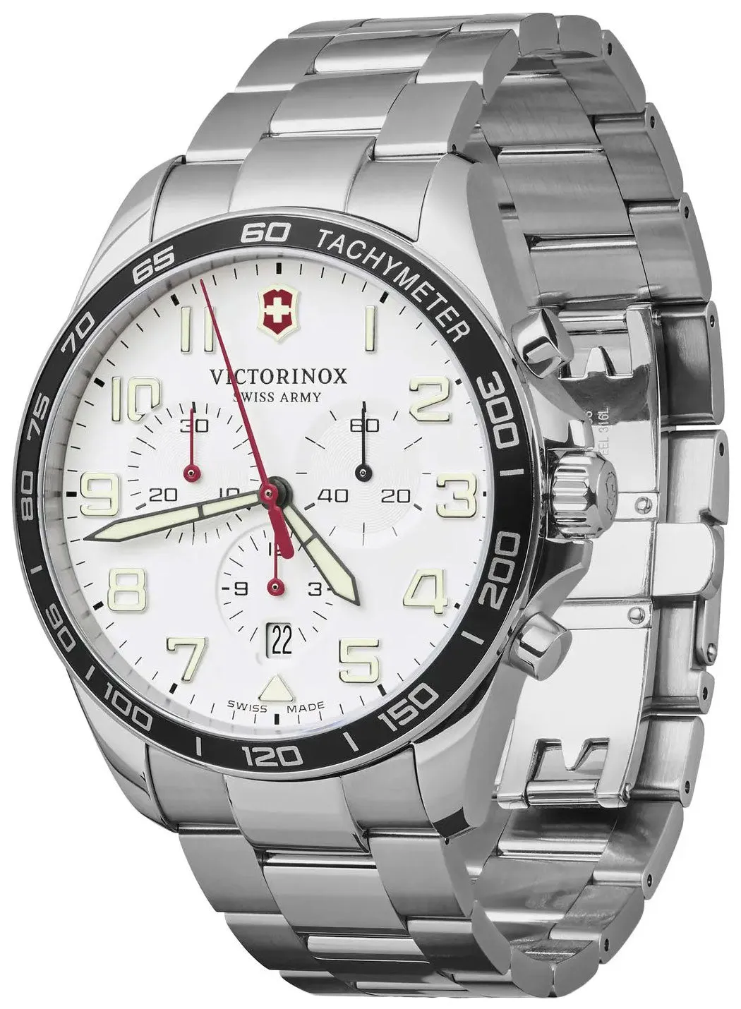 Victorinox Swiss Army FieldForce Chronograph  Stainless Steel Mens Watch White Dial Calendar 241856