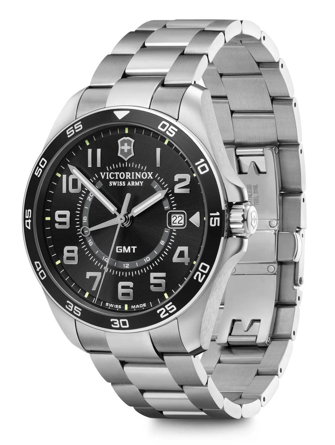 Victorinox Swiss Army FieldForce Classic GMT Stainless Steel Black Dial Date Mens Watch 241930