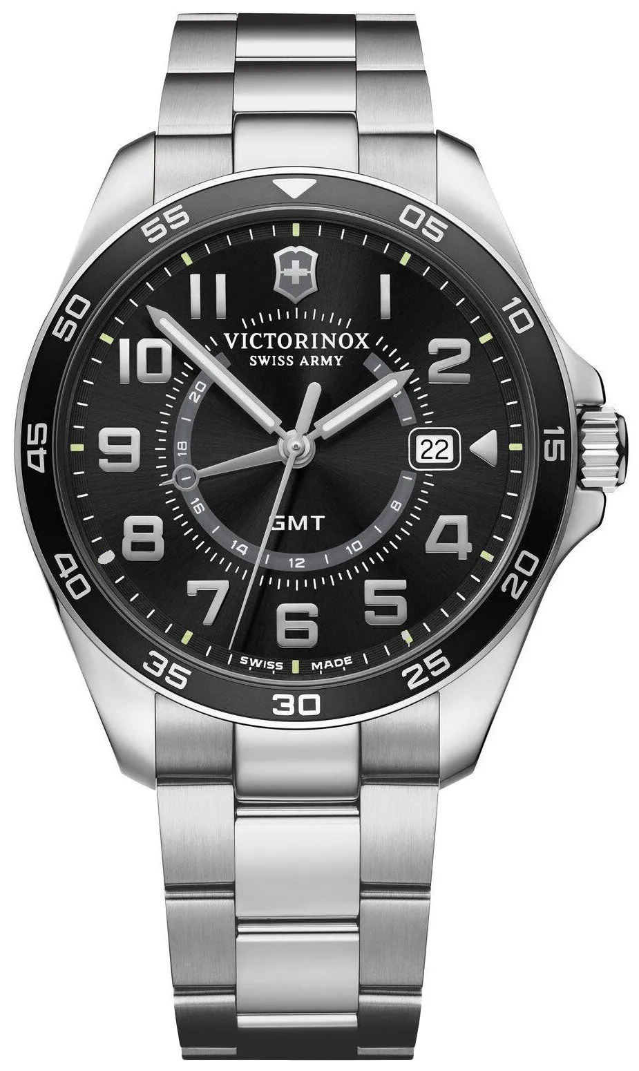 Victorinox Swiss Army FieldForce Classic GMT Stainless Steel Black Dial Date Mens Watch 241930