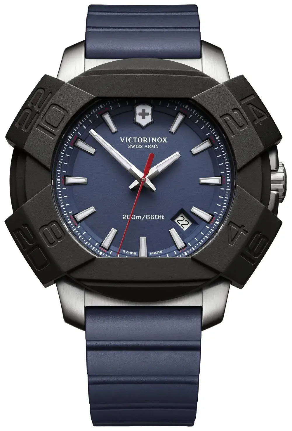 Victorinox Swiss Army INOX Stainless Steel Mens Watch Calendar Blue Rubber Strap 241688.1