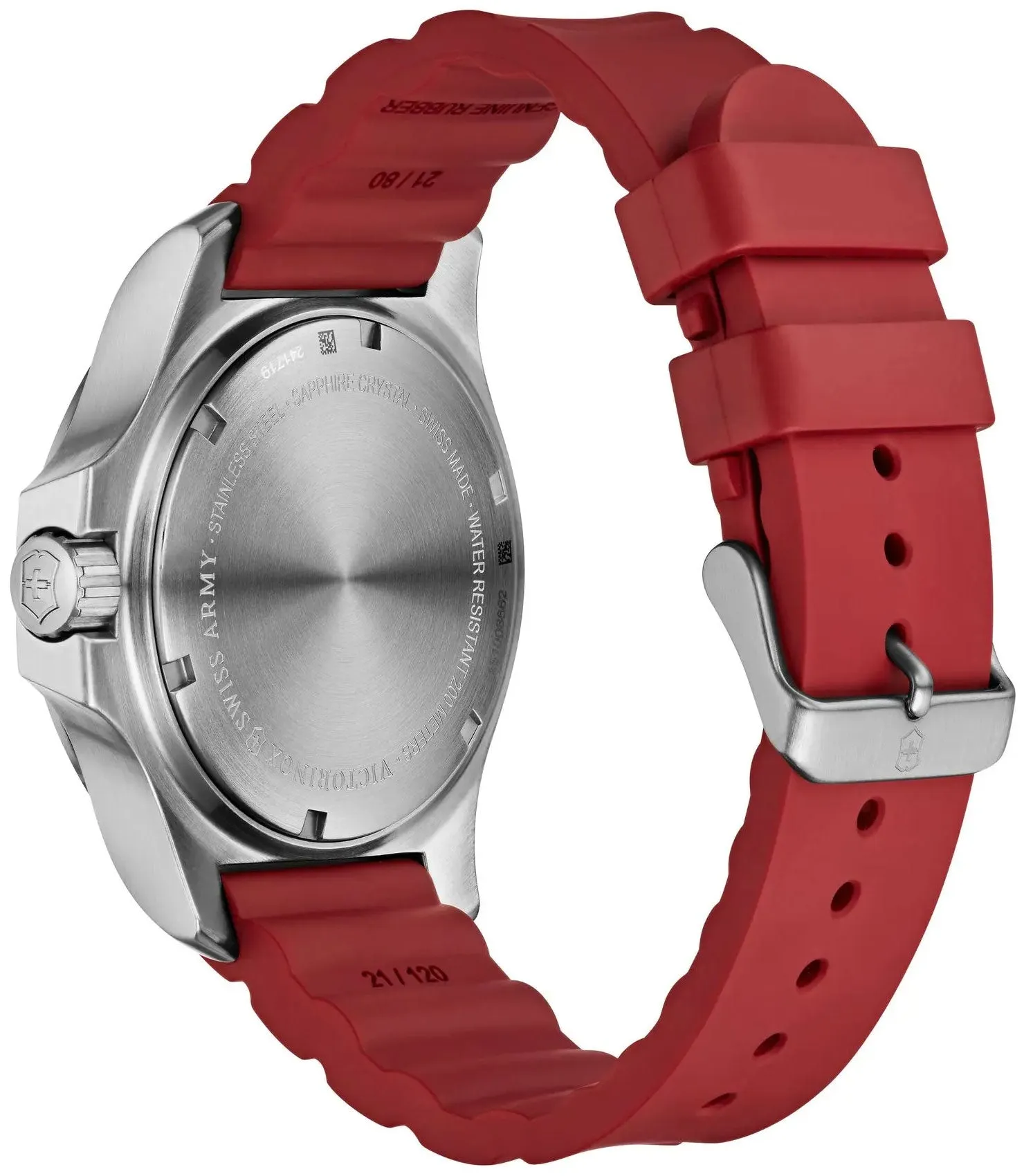 Victorinox Swiss Army INOX Stainless Steel Mens Watch Calendar Red Rubber Strap 241719.1