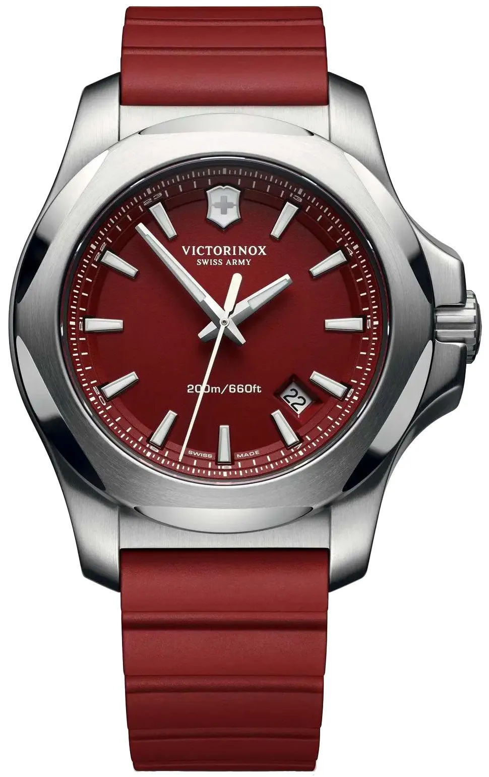 Victorinox Swiss Army INOX Stainless Steel Mens Watch Calendar Red Rubber Strap 241719.1