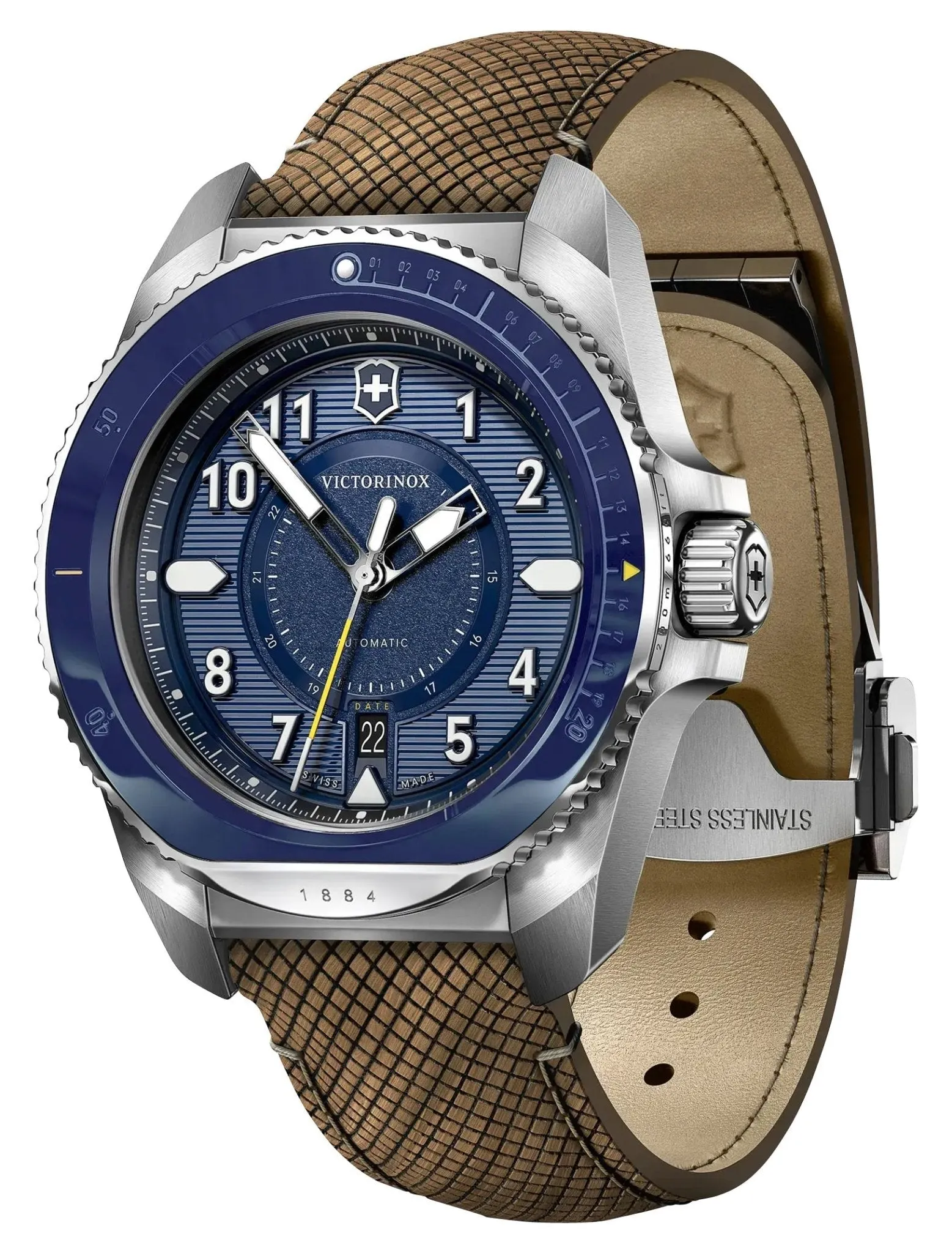 Victorinox Swiss Army Journey 1884 Automatic Stainless Steel Blue Dial Brown Leather Interchangeable Blue Rubber Strap Date Divers Mens Watch 241980.1