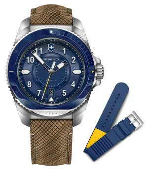 Victorinox Swiss Army Journey 1884 Automatic Stainless Steel Blue Dial Brown Leather Interchangeable Blue Rubber Strap Date Divers Mens Watch 241980.1