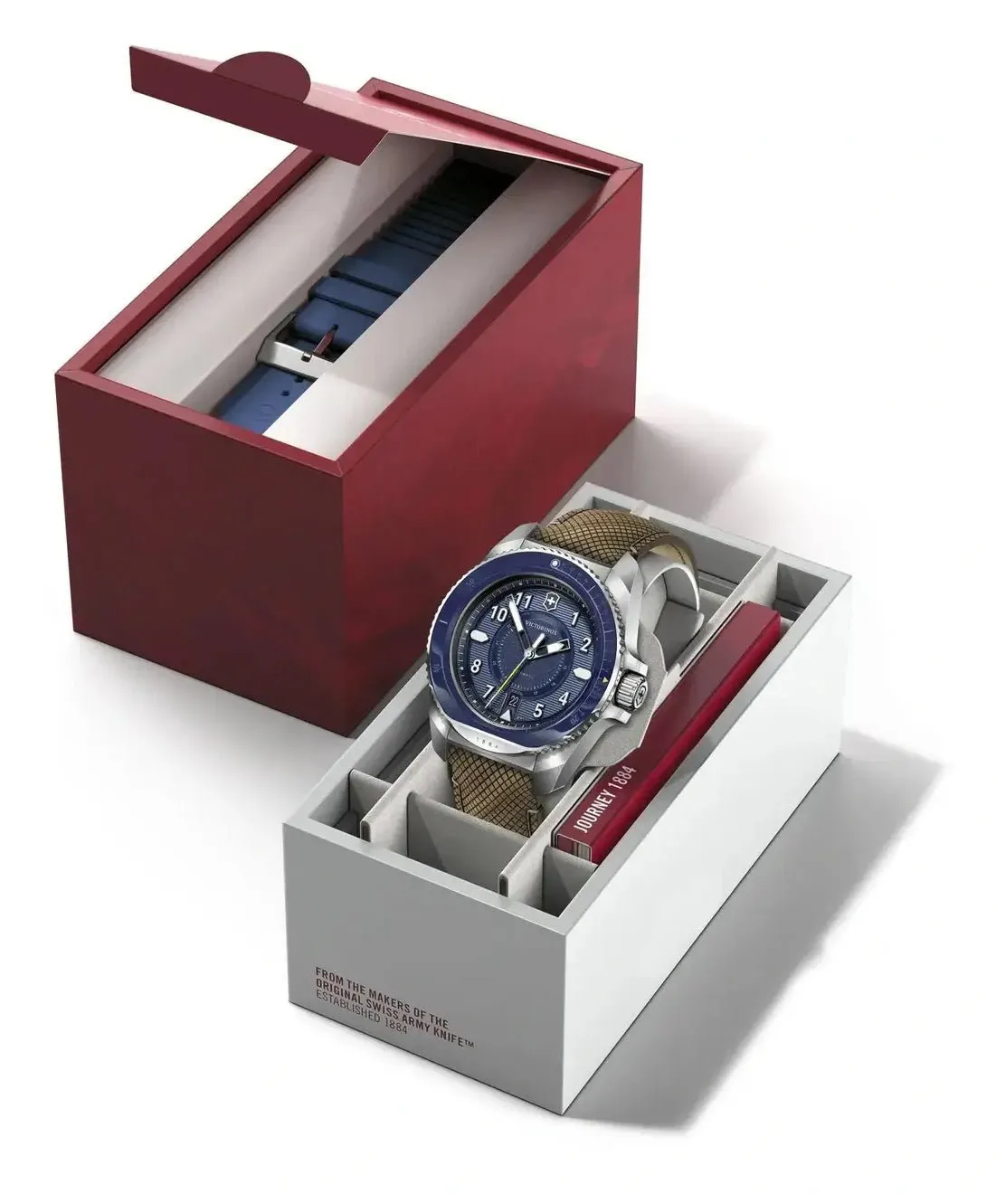 Victorinox Swiss Army Journey 1884 Automatic Stainless Steel Blue Dial Brown Leather Interchangeable Blue Rubber Strap Date Divers Mens Watch 241980.1