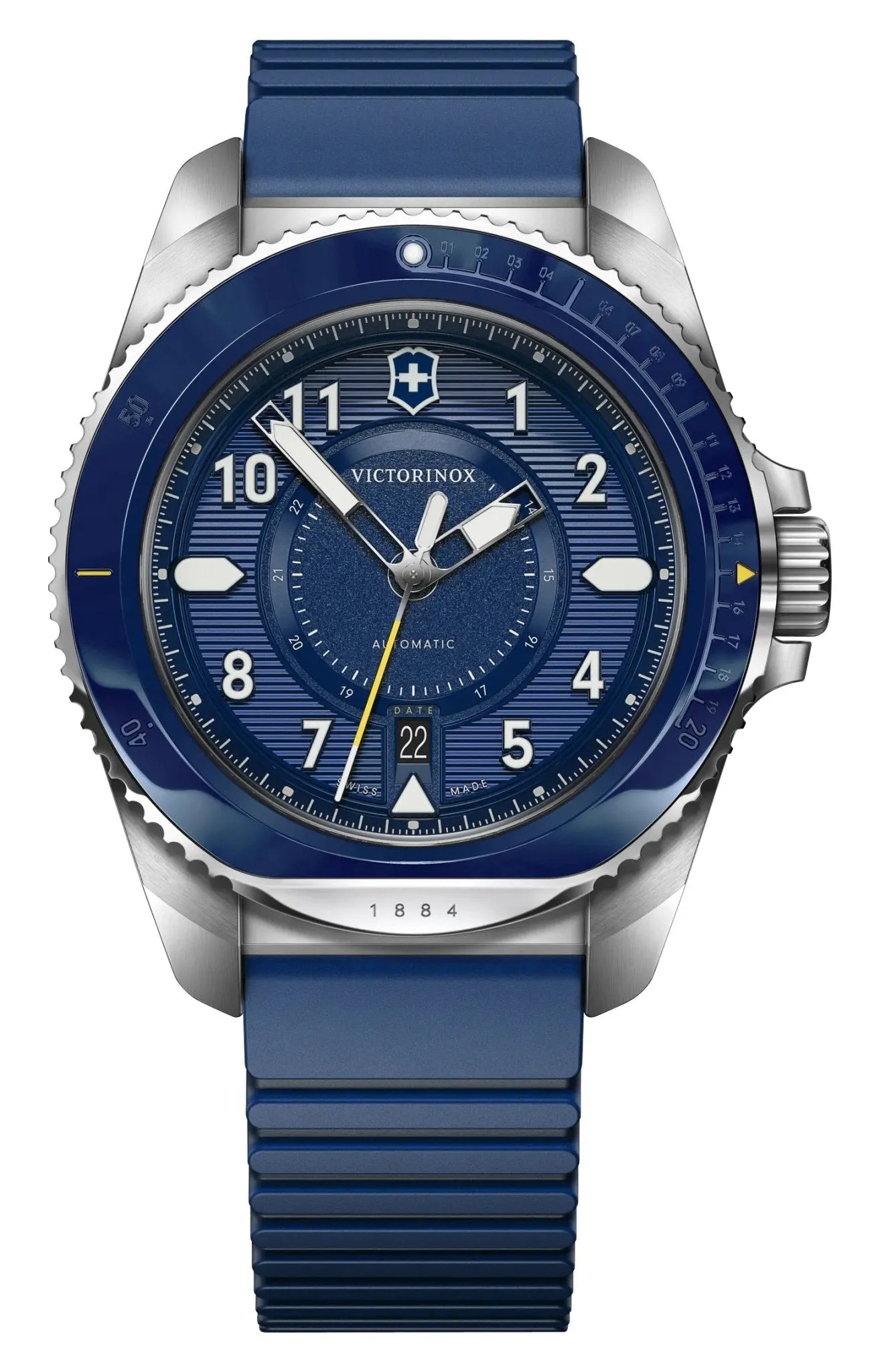 Victorinox Swiss Army Journey 1884 Automatic Stainless Steel Blue Dial Brown Leather Interchangeable Blue Rubber Strap Date Divers Mens Watch 241980.1